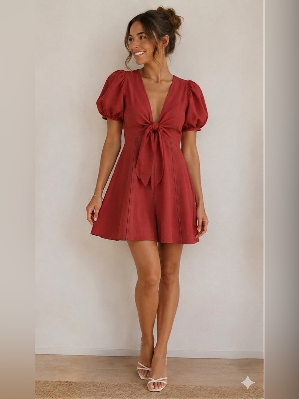 Express Red V-Neck Romper with Tie Front